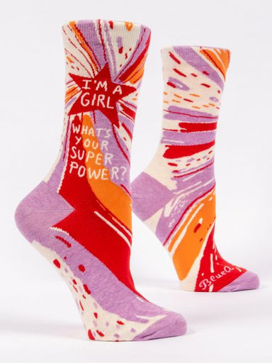 Blue Q | Women's Crew Socks | I'm A Girl, What's Your Super Power? Blue Q - Oscar & Libby's