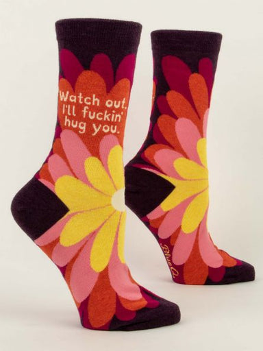 Blue Q | Women's Crew Socks | Watch Out, I'll Fuckin' Hug You Blue Q - Oscar & Libby's